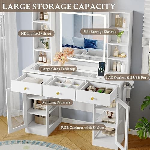 Makeup Vanity Desk with HD Lighted Mirror & Power Outlet, Glass Top Vanity Table Set with Storage Drawers & RGB Cabinets, Large Dressing Table with 3 Lighting Modes for Bedroom Women Girls Kids, White thumbnail 6