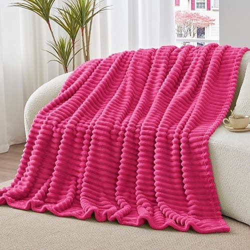 BEDELITE Twin Blanket for Couch & Bed, 300GSM Soft & Warm Fleece Blanket, Decorative and Giftable Striped Hot Pink Blankets for Women, Men, 60"x80" thumbnail 3