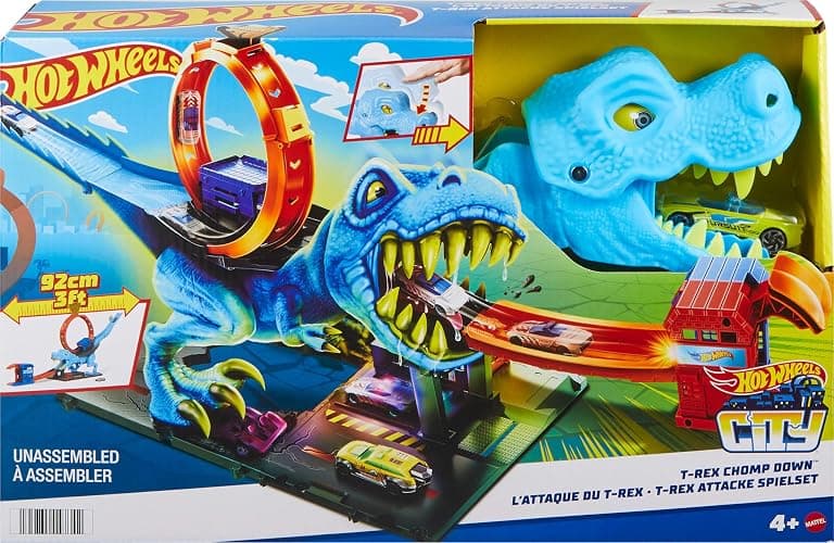 Hot Wheels City Track Set with 1 Toy Car, Race Through a Giant Loop to Defeat a Big Dinosaur, T-Rex Loop Stunt and Race Playset thumbnail 6
