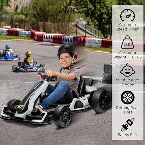 Go Karts for Kids,24V Electric Go Kart With 2 * 150W Powerful Motors,8mph Max Speed,Max Load 110lbs,W/Button Start,Lights,Safety Belt, Music Age 6-12-WHITE thumbnail 6