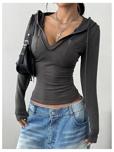 GORGLITTER Women's Long Sleeve Cropped Hoodies Long SLeeve V Neck Slim Fit Hooded Sweatshirt thumbnail 4