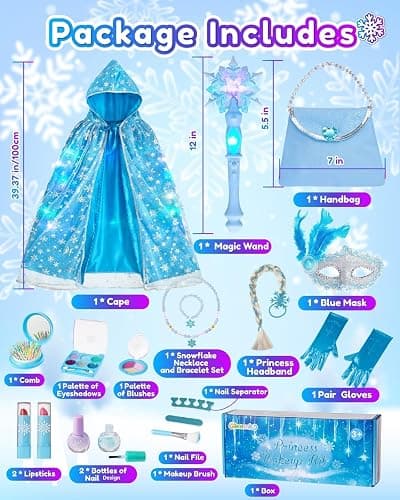 Frozen Toys for Girls-Princess Dress Up Set, 3 Lighting Mode Princess Cape, Music & Light Up Wand, Kids Makeup Kit, Wig, Mask, Gloves, Dress-up Accessories for Princess Cosplay Costume for Girl Age 3+ thumbnail 8