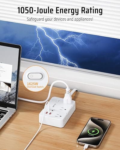 DEPOW Surge Protector Power Strip, 3 FT Extension Cord with 6 AC Outlets(1625W/13A) 4 USB Ports,1050J Surge Protection, Wall Mountable Charging Station for Office, Home, White thumbnail 6