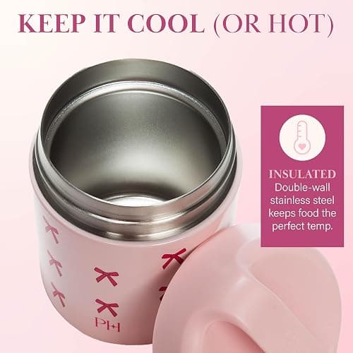 Paris Hilton Stainless Steel Food Jar, Double Wall Vacuum Sealed Insulated Food Storage Container with Carry Handle Lid, 12-Ounce, Pink with Bow Design thumbnail 4