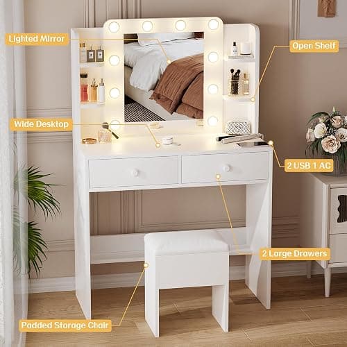 Haewon White Vanity Desk with Mirror and Lights, Makeup Vanity with 10 LED Bulbs and 3 Color Modes, Dressing Table Set with Power Outlets, Storage Drawers and Chair for Bedroom thumbnail 4