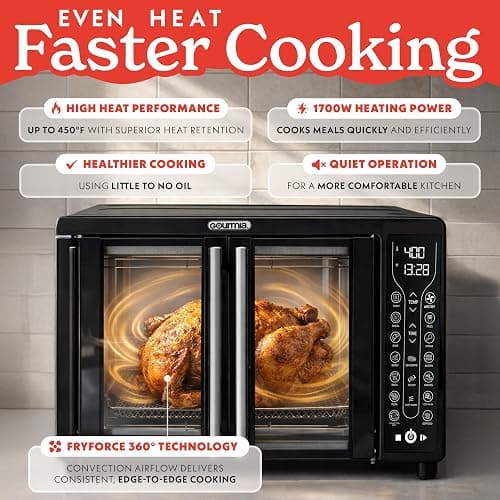Gourmia Toaster Oven - 6-Slice Capacity, Digital Display, Black | French Door Design Air Fryer Combo, 17 Cooking Presets, Adjustable Time & Temperature, FryForce 360°, Dishwasher-Safe Trays thumbnail 4