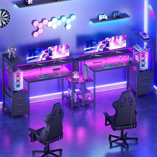 Korfile 48 Inch Gaming Desk with LED Lights & Power Outlets,Computer Desk with Fabric Drawers & Side Hook,Reversible Gamer Table with Monitor Stand for Game Room,Home Office,Carbon Fiber Black thumbnail 6