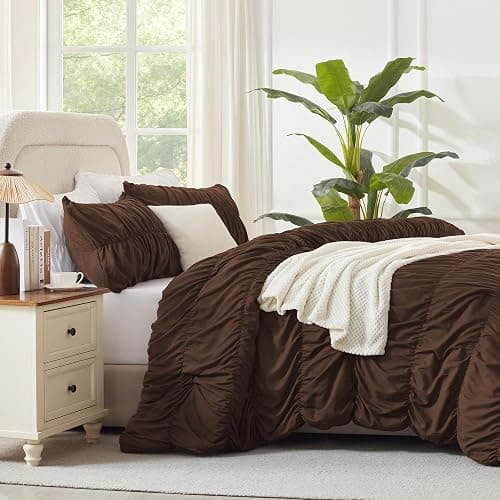 Andency Ruched Brown Full Size Comforter Sets, Shabby Chic Pleatd Bedding Sets 3 Pieces, Lightweight Soft Boho Ruffle Bed Set for Girls, Kids, Women, All Season thumbnail 7