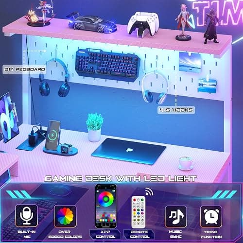 Homieasy Small Gaming Desk with Power Outlets Pegboard LED Light, 51 Inch L Shaped Computer Desk with Monitor Stand Storage Shelves, Reversible Corner Desk with Headset Hooks, Carbon Pink - Carbon Fiber Pink - 51 inch thumbnail 6
