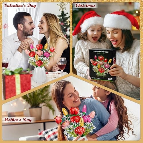 Rose Tulips Flowers Building Blocks Bouquet Set, Red Rose Artificial Flowers for Office or Home Decoration, Valentine's Day, Mother's Day, for Women, Adults, Kids, Girls, No Vase thumbnail 6