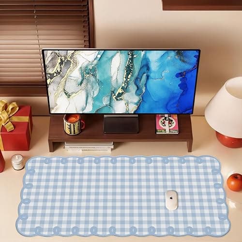Cute Blue Scalloped Desk Mat Gingham Checkered Large Mouse Pad Kawaii Vintage Farmhouse-Inspired Cottagecore Office Desk Decor Stitched Nonslip Pad for Computer Keyboard & Mouse 31 * 15.7in thumbnail 7