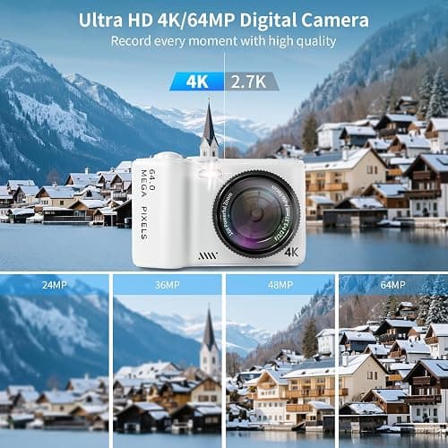 16X Zoom 4K Digital Camera for Photography and Video, Point and Shoot Digital Cameras with Flip Screen, Small Digital Camera with Wifi and Bluetooth, Vlogging Camera for Youtube Video Recording(White) thumbnail 2