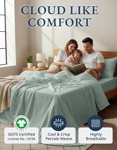 LANE LINEN 100% Organic Cotton Full Sheets Set, Soft & Comfy Percale Weave Fully Elasticized Reinforced Seams Sustainably Produced Oeko Tex Certified Deep Pocket Cotton Full Size Sheet - Cool Blue thumbnail 2