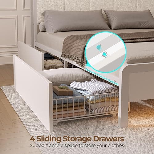 Rolanstar Bed Frame Twin Size with Charging Station and LED Lights, Upholstered Storage Headboard with Drawers, Heavy Duty Metal Slats, No Box Spring Needed, Noise Free, Easy Assembly, White thumbnail 6