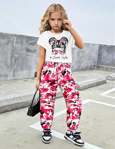 CRISONE Girls 2 Piece Outfits Kids Clothes Cute Cool Girl Crop Tops + Camouflage Pants Summer Clothing Sets - 7-8 Years - Pink & Red thumbnail 3