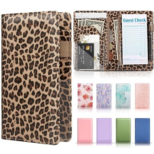 Server Book with 2 Zipper Pockets, Leather Server Books for Waitress, Waiter Book, Sturdy Waitress Book with Money Pocket and Zipper, Servers Book Waitress Accessories Server Apron, Leopard Print - Image 1