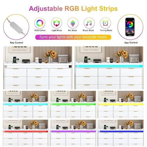9 Drawer Dresser for Bedroom, White Dresser with LED Lights and Charging Station, Modern Chest of Drawer, Wood Triple Wide Drawer Organizer Cabinet for Bedroom, Living Room, Entryway, Hallway thumbnail 4