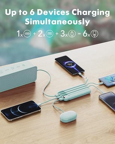 charmast Portable Charger with Built in Cables, Power Bank with Cords Wires, Slim 10000mAh Travel Battery Pack 6 Outputs 3 Inputs 5A Fast Charging for Samsung Google Pixel LG Moto iPhone iPad thumbnail 4