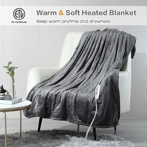JIAMEIDING Heated Blanket Throw 50"x60", Super Soft Flannel Electric Throw Blanket, 3 Heating Levels, 4H Auto Off, Overheat Protection, Machine Washable, ETL & FCC Certified,for Home Office,Grey thumbnail 3