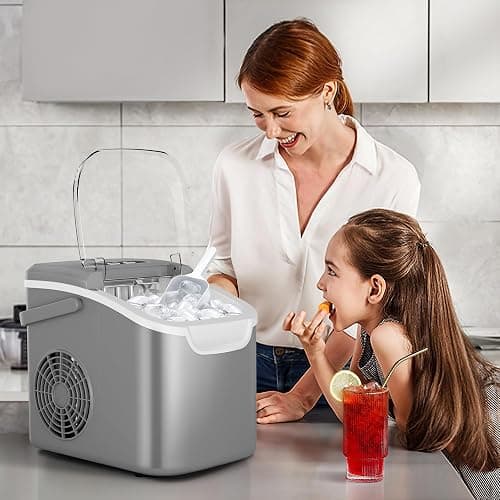 Portable Countertop Ice Maker Machine with Handle, 9 Bullet-Shaped Ice Cubes Ready in 6 Mins, 26Lbs/24H, Self-Cleaning Function with Ice Scoop and Basket for Home/Kitchen/Party (Grey) thumbnail 7