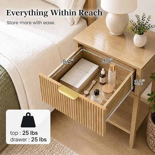 RIHHA Natural Oak 15.4" Wide Small Nightstand with Drawer,Open Shelf,Fluted | Light oak tone, ribbed fluted front, 11.8-inch slim depth, concealed storage, airy fit for bedside, sofa side, or chair side thumbnail 4