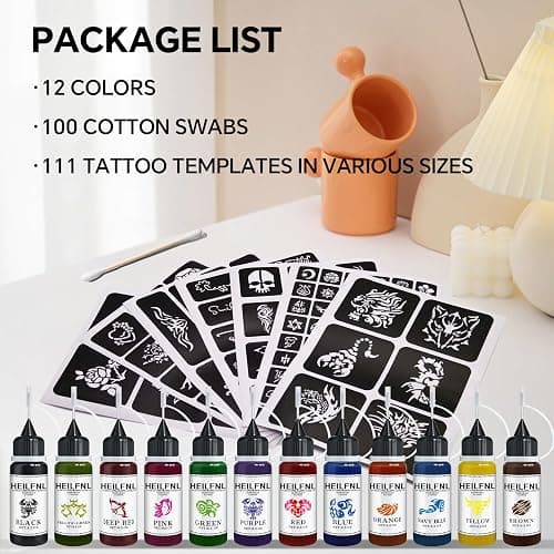 HEILFNL Temporary Tattoo Kit 12 Colors Temporary Tattoo Ink,111 Pcs Stencils Kit for Body Paint Fake Tattoos,DIY Art Painting Party for Women Man thumbnail 6