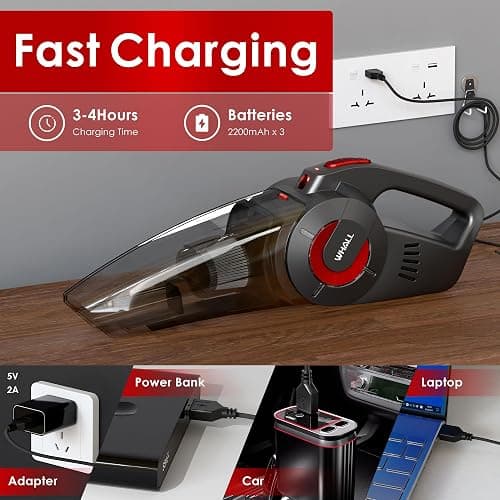 whall Handheld Cordless Car Vacuums, Wet and Dry Use 9000Pa Strong Suction Vacuums, Rechargeable Portable Vacuum Cleaner with LED, Charging Dock, Lightweight Mini Vacuum for Car, Home and Office, Red thumbnail 6