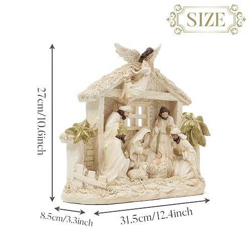 Valery Madelyn Christmas Nativity Figurines with LED Lights, Large White Gold Holy Family Nativity Scenes Resin Manger for Xmas Indoor Home Table Fireplace Holiday Decorations, 10.6 Inch Tall thumbnail 3