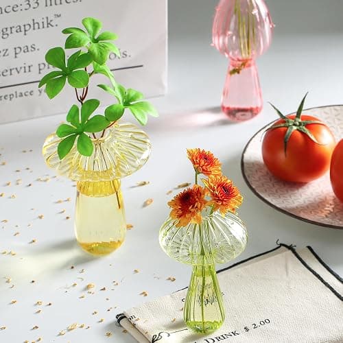 Mushroom Vase, Set of 6 Colored Flower Vase, Propagation Stations Vases, Small Bud Vases Home Decor Cute Glass Mushroom Planter for Room Office Decoration (Colorful) thumbnail 7