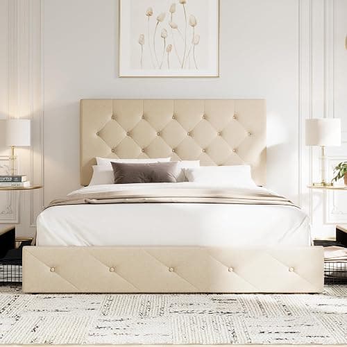 Allewie Upholstered Queen Size Platform Bed Frame with 4 Storage Drawers and Headboard, Diamond Stitched Button Tufted, Mattress Foundation with Wooden Slats Support, No Box Spring Needed, Beige thumbnail 3