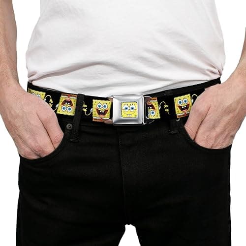 Buckle-Down Unisex Seatbelt Belt, SpongeBob SquarePants Regular, Yellow | Nickelodeon Cartoon Novelty Character Seatbelt Buckle Belt, Adjustable Fashion Accessories & Merchandise For Fandom thumbnail 3