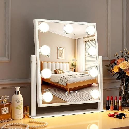 Makeup mirror with lights,Hollywood Vanity Mirror with 9 LED Bulbs，12" x 13.2" Plug in Makeup Mirror for Desk,Smart Touch Control 3Colors Dimmable, light up mirror for makeup,Bedroom,Tabletop,White thumbnail 8