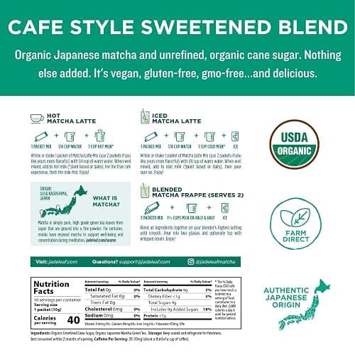 Jade Leaf Matcha Latte Mix Bundle - 500g Canister + 10ct Stick Packs - Cafe Style Sweetened Blend - Sweet Matcha Green Tea Powder thumbnail 3