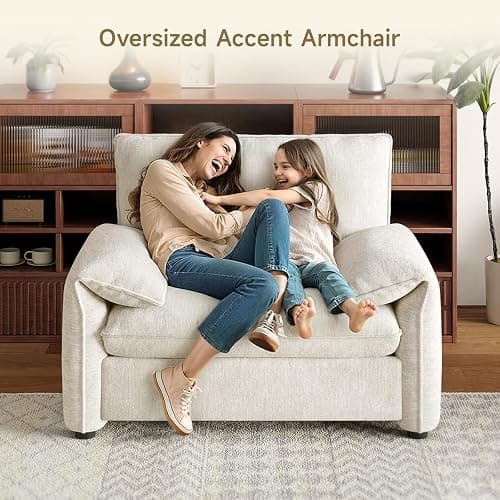 ONBRILL Oversized Accent Chair, 41 Inch Chenille Fabric Armchair, Comfy Single Sofa Chair with Padded Arms, Pocket Spring Cushion, Modern Reading Chair for Living Room, Bedroom, Beige thumbnail 3