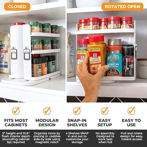 Cabinet Caddy SNAP! Spice Rack Organizer for Cabinet - Slide & Rotate Seasoning Organizer - 4 Snap-In Adjustable Shelves for 5 Tier of Storage - Magnetic Modular Design - 8.9”H x 6.1”W x 10.8”D thumbnail 3