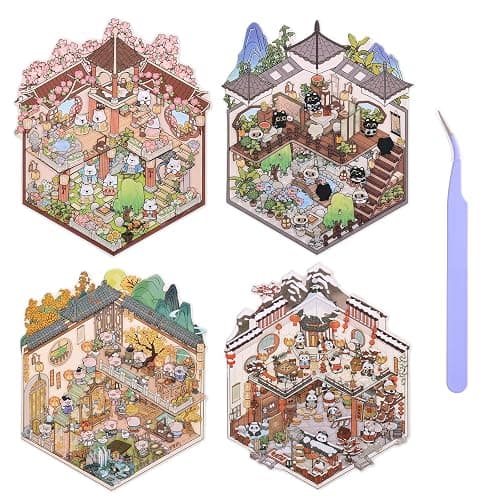 Girls 3D Miniature Scene Stickers, 4 Sets Chinese Courtyard DIY House Stickers for Lunar New Year, Spring, Summer, Auturn, Cute 3D Cartoon Sticker Scenes for Adult Kids Relief Stress Pass The Time - Image 1