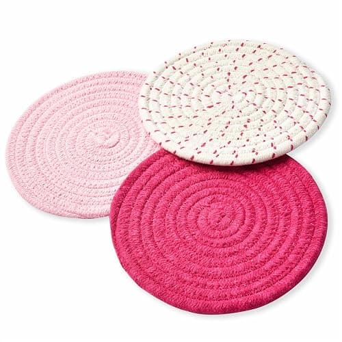 Kitchen Potholders Set Trivets Set 100% Pure Cotton Thread Weave Hot Pot Holders Set (Set of 3) Stylish Coasters, Hot Pads, Hot Mats, Spoon Rest For Cooking and Baking by Diameter 7 Inches (Pink) thumbnail 3