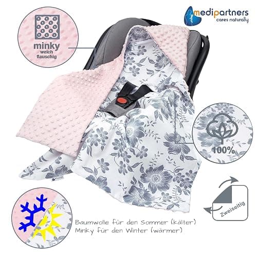 Medi Partners Einschlagdecke Baby Babyschale 100% Baumwolle für Sommer 85x85cm Kinderwagen Kuscheldecke universal Baby Decke Einschlagdecken Babydecke Buggy Autositz (Berry mit rosa Minky) - Berry mit Rosa Minky - 85x85cm thumbnail 5