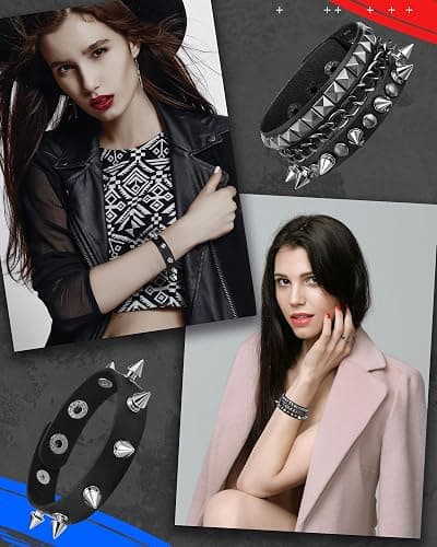 Hicarer 9 Pieces Spiked Studded Bracelet Black Leather Rivet Punk Bracelet Cuff Wrap Bangle Snap Button Metal Wristband for Men Women thumbnail 4