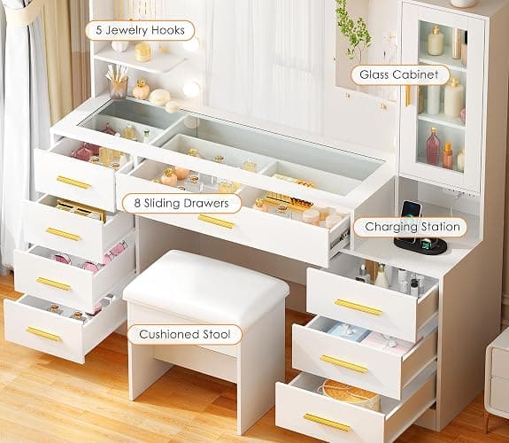 ANWBROAD 49.2" Large Vanity Desk with Mirror and Lights White Makeup Vanity Desk with Glass Top and Power Outlet 8 Drawers Nightstand 5 Hooks Vanity Table with Stool for Bedroom Women Girls UBDT88W thumbnail 3