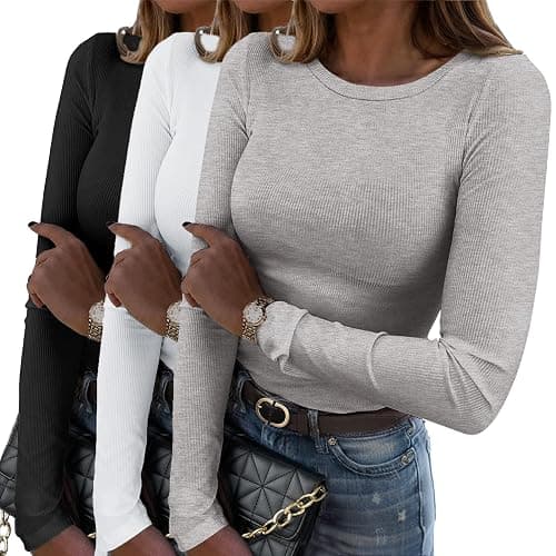 Zeagoo Womens Long Sleeve Stretch Crewneck Ribbed T-Shirt Slim Fit Casual Basic Tops S-XXL - Image 1