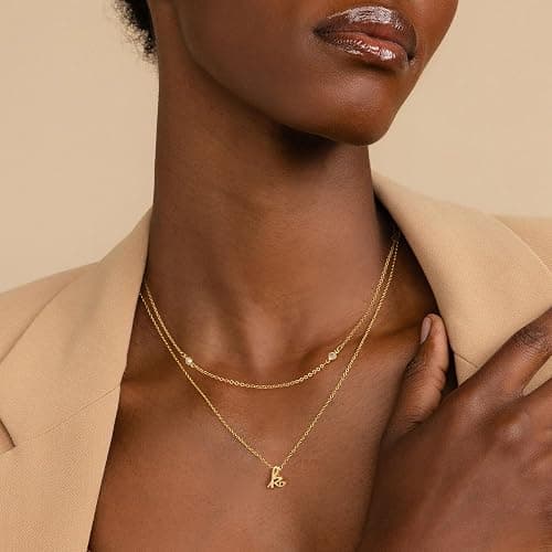 Turandoss Layered Cursive Initial Necklace for Women, 14K Gold Plated A–Z Letter Pendant Jewelry, 15"+2.5" CZ Choker & 17"+2.5" Alphabet Necklace, Dainty Personalized Gift for Her thumbnail 3