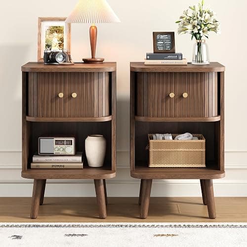 Decofy Fluted Nightstand Set of 2, Mid Century Modern Bedside Table with Charging Station, Walnut End Tables with Sliding Tambour Doors, Storage Cabinet and Open Shelf for Bedroom, Walnut - Image 1