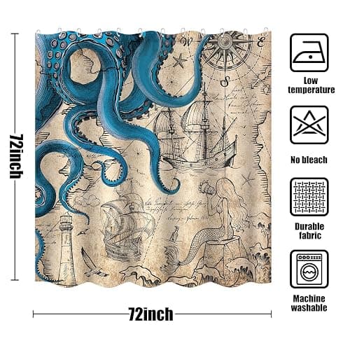 Fungarth Vintage Nautical Octopus Shower Curtain Navy Blue Mermaid Funny Ocean Kraken Shower Curtains for Bathroom Anchor Coastal Map Waterproof Fabric Bath Curtain Decor with Hooks (Retro, 72” x 72”) thumbnail 2