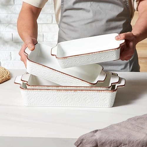 ONEMORE Lot de 4 plats à gratin en céramique avec poignées, Plats à cuisson rectangulaires, Plat à lasagnes pour gâteaux, repas et banquets, Compatibles lave-vaisselle et four thumbnail 4
