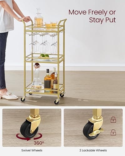 VASAGLE Bar Cart, Home Bar Serving Cart, Small Bar Serving Cart with 3-Tier Shelf, Wine Holders, Glass Holders, Mini Bar Cart for Small Spaces, Kitchen, Dining Room, Living Room, Pale Gold thumbnail 7