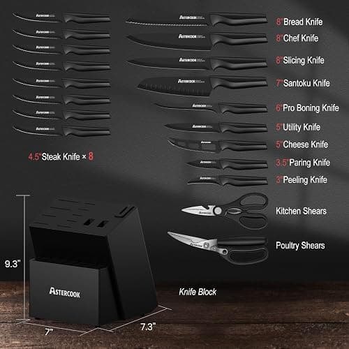 Knife Set, Astercook 21 Pieces Knife Sets for Kitchen with Block, Dishwasher Safe Kitchen Knife Set with Built-in Sharpener, German Stainless Steel Black Knife Block Set Mothers Day Gifts thumbnail 3