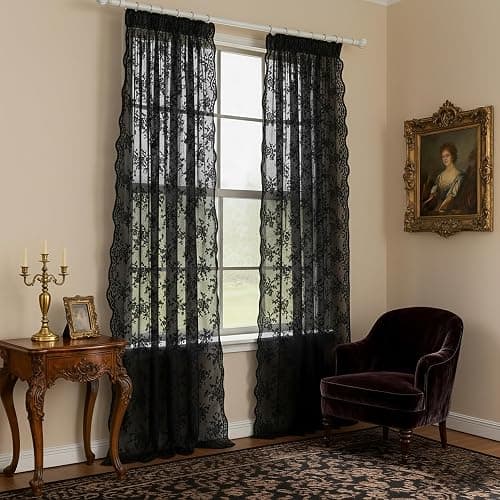 MYSKY HOME Vorhang aus Spitze Blumen Bestickte Spitzengardinen, Vorhänge mit Kräuselband Transparent Gardinen 2er Set, Modern Dekoschal für Wohnzimmer Schlafzimmer, Schwarz, H 245 x B 140 cm. thumbnail 9