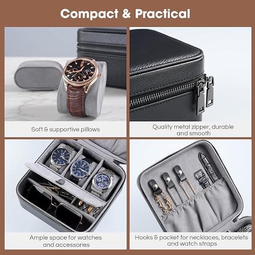 ProCase Travel Watch Case, 3 Slots Mens Jewelry Box -Black | PU Leather Storage Case for Watches, Cufflinks and Accessories, Zippered Carrying Organizer Bag for Man thumbnail 5