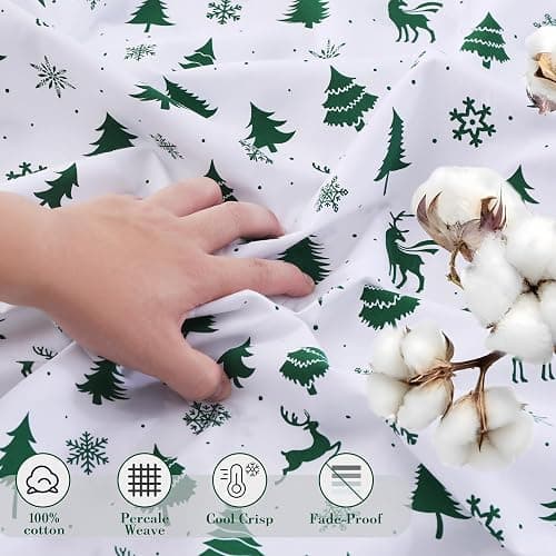 Viviland Christmas Holiday 100% Cotton Sheets Twin Single, Crisp Cooling Percale Deer Pine Tree Sheets, Soft Cozy Snowflake Winter Bedding thumbnail 6